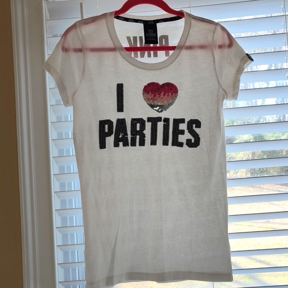 VS Pink I LOVE TO PARTY Glitter Shirt Size Large